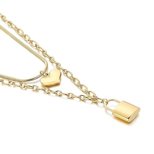 Homxi Halskette Gold Anhänger Frauen,Halskette Anhänger Edelstahl Doppelkette mit Schloss und Herz Anhänger Halsketten Gold von Homxi