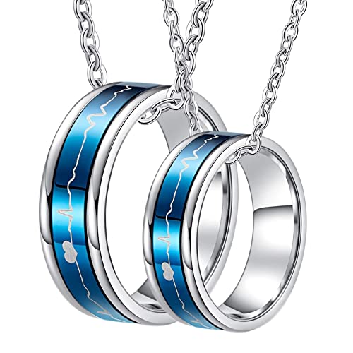 Homxi Halskette Ring,Edelstahl Halsketten Ringe Partner mit Gravur 7MM Blau Ring mit Herzschlag Halskette Damen 50cm Herren Halskette 60cm von Homxi