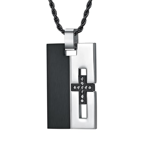 Homxi Halsketten Anhänger Silber Schwarz Herren,Anhänger Kette Edelstahl Männer Rechteck mit Kreuz Zirkonia Halsketten Anhänger Silber Schwarz von Homxi