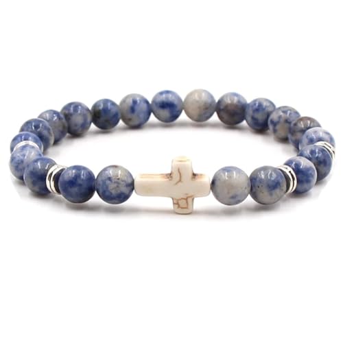 Homxi Herren Damen Armband Perlen Naturstein,Beads Armbänder 8MM Perlen mit Kreuz Naturstein Armband Damen Dunkelblau Perlen von Homxi
