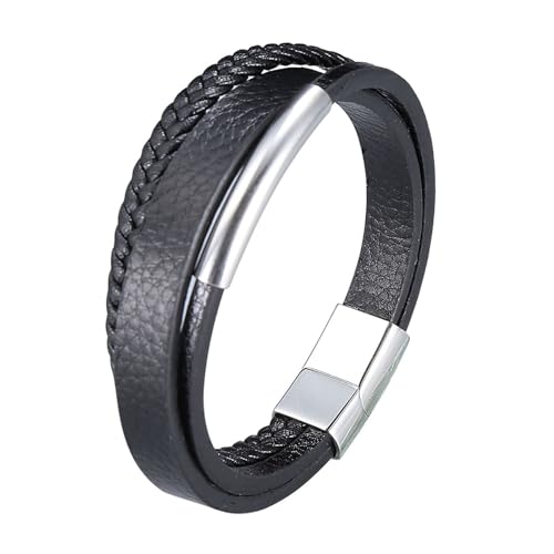Homxi Herren Schwarz Armband,Kette Armband Edelstahl Herren Mehrschichtiges Leder Herren Armbänder 16.5 cm von Homxi