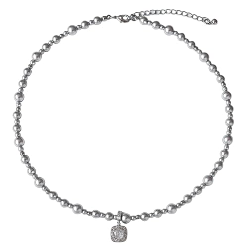 Homxi Kette Damen Grau Silber,Mädchen Kette Kupfer mit Anhänger Perlenkette mit Zirkonia Anhänger Kette Damen Grau Silber von Homxi