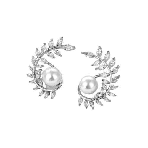 Homxi Ohrringe Frauen Ohrstecker,Ohrringe Damen Legierung Ohrringe Blätter und Perle Zirkonia Damen Ohrringe Silber von Homxi