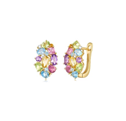 Homxi Ohrringe Hochzeit 14K Gelbgold für Damen, Blume mit Bunte Natürliche Edelsteine, Frauen Ohrringe Creolen Gold Bunt von Homxi