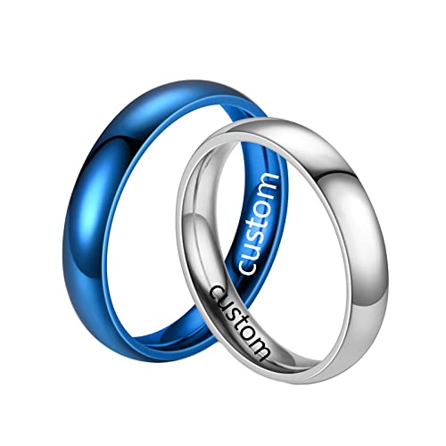 Homxi Paar Ring mit Gravur,Edelstahl Verlobungsringe Paar 4MM Blau Silber Ring mit Rund Poliert Hochzeitsringe Paar Damen 60 (19.1) + Herren 60 (19.1) von Homxi