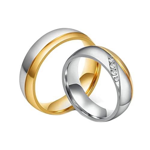 Homxi Paar Ringe mit Gravur,Edelstahlringe Trauringe Gold Silber Ring mit Rund 6MM Weiß Zirkonia Paar Ring Damen 57 (18.1) + Herren 70 (22.3) von Homxi