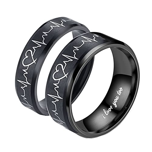 Homxi Paarringe mit Gravur,Hochzeitsringe Edelstahl 6/8MM Schwarz Ring Herzschlag Trauring Paar Damen 60 (19.1) + Herren 62 (19.7) von Homxi