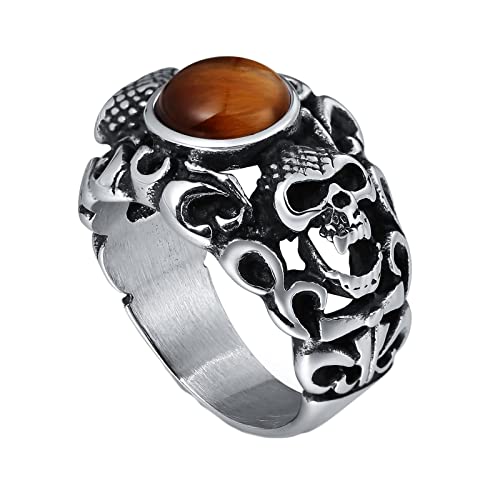 Homxi Ring Herren Punk,Ringe Rund Stein mit Totenkopf Edelstahl Ringe Herren mit Gravur Braun Herrenring Größe 57 (18.1) von Homxi