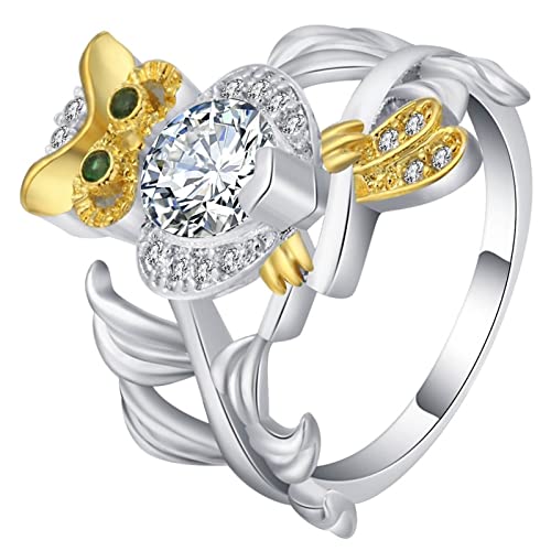 Homxi Ringe Damen Silber Verlobung,Eule mit Blättern Zirkonia Gold Silber Ring Kupfer Damen Eheringe Größe 62 (19.7) von Homxi