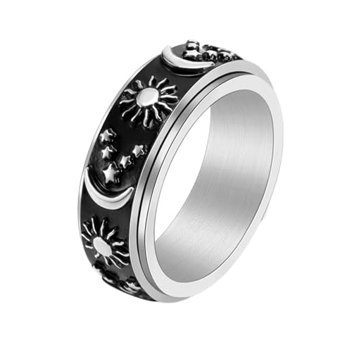 Homxi Ringe Edelstahl Herren mit Gravur,Stern Mond und Sonne mit Spinnerring 8MM Silber Schwarz Ringe Herren Herren Ringe Größe 62 (19.7) von Homxi