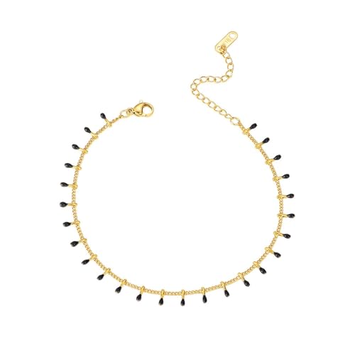 Homxi Schwarz Gold Fußkette Strand Damen, Fußkette Edelstahl Damen Kette mit Öl Tropfen - 20cm + 5cm Verlängerungskette von Homxi