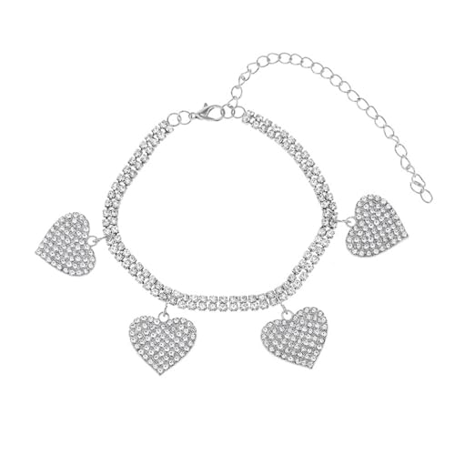 Homxi Silber Fußkette Damen, Damen Fuß Kette Legierung Doppelreihige Zirkonia mit Herz - 22cm + 10cm Verlängerungskette von Homxi