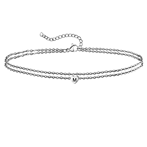 Homxi Silber Fußkette Damen,Damen Fußkette Doppellagige Kette mit Herz und Buchstabe M Fuß Kette Damen 30CM Fußkette Edelstahl Damen von Homxi