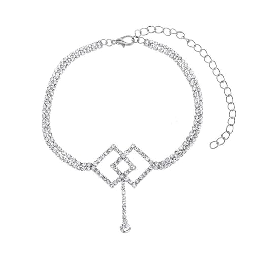 Homxi Silber Strand Fußkette für Frauen, Frauen Fuß Kette Kupfer Hohl Rhombus mit Zirkonia - 23cm + 10cm Verlängerungskette von Homxi