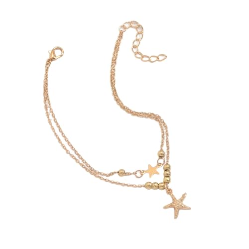 Homxi Sommer Fußkette Frauen Gold, Damen Fusskette Legierung Doppelte Kette mit Perlen und Seestern - 23cm + 5cm Verlängerungskette von Homxi