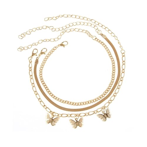 Homxi Sommer Fußkette Gold Damen, Damen Fußkette Legierung 3 Stücke Set Mehrlagige Kette mit Schmetterling - 21.5cm + 10cm Verlängerungskette von Homxi
