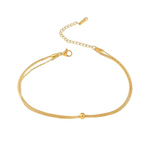 Homxi Sommer Fußkette Gold für Frauen, Fussketten Frauen Edelstahl Doppellagige Kette mit Perle - 21cm + 5cm Verlängerungskette von Homxi