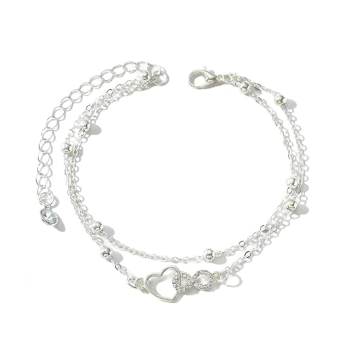 Homxi Sommer Fußkette Silber Damen, Fusskette Legierung Frauen Doppellagiges Herz Unendlichkeit mit Zirkonia - 18cm + 7cm Verlängerungskette von Homxi