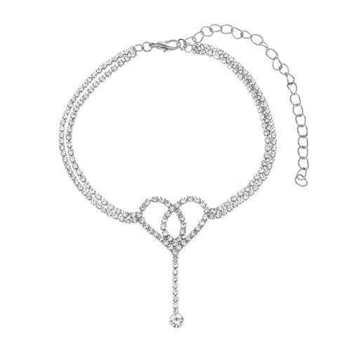 Homxi Sommer Fußkette Silber für Damen, Fussketten Damen Legierung Doppelschicht mit Hohlem Herz Zirkonia - 22.7cm + 10cm Verlängerungskette von Homxi