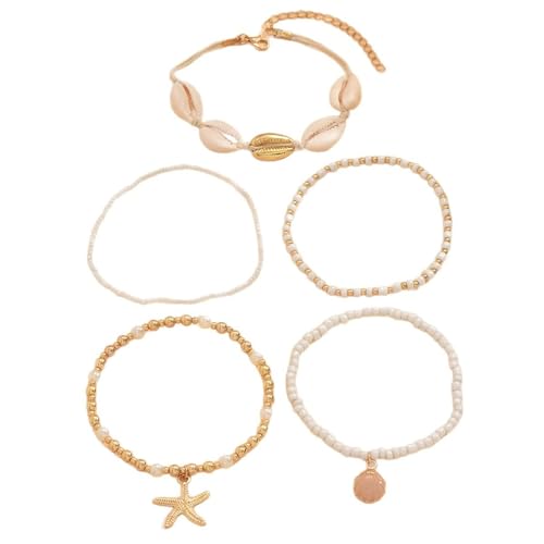 Homxi Sommer Fußketten Weiß Gold Damen, Damen Fußkette Legierung 5 Stücke mit Muschel und Seestern - 23cm + 7cm Verlängerungskette von Homxi