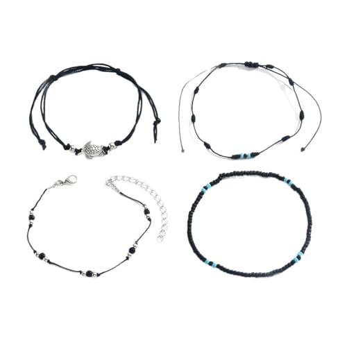 Homxi Strand Fußkette Damen Schwarz, Frauen Fusskette Legierung Geflochtene und Perlenkette mit Schildkröte - 20cm + 7cm Verlängerungskette von Homxi