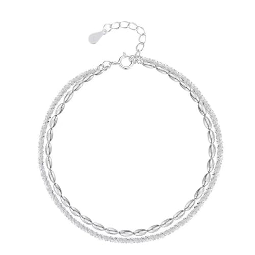 Homxi Strand Fußkette Frauen Silber, Fußkette 925 Silber Damen Doppelt Geschichtet mit Reiskörnern - 20cm + 5cm Verlängerungskette von Homxi