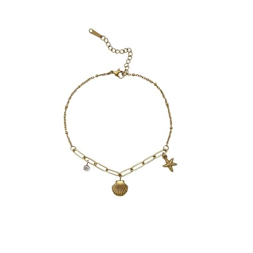 Homxi Strand Fußkette Gold für Frauen, Fuß Kette Edelstahl Frauen Kette mit Muschel und Seestern - 21cm + 5cm Verlängerungskette von Homxi