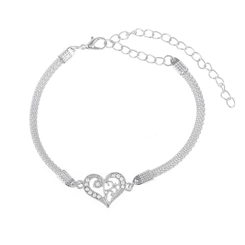 Homxi Strand Fußkette Silber für Frauen, Frauen Fuß Kette Legierung Herzform mit Zirkonia - 20.2cm + 10cm Verlängerungskette von Homxi