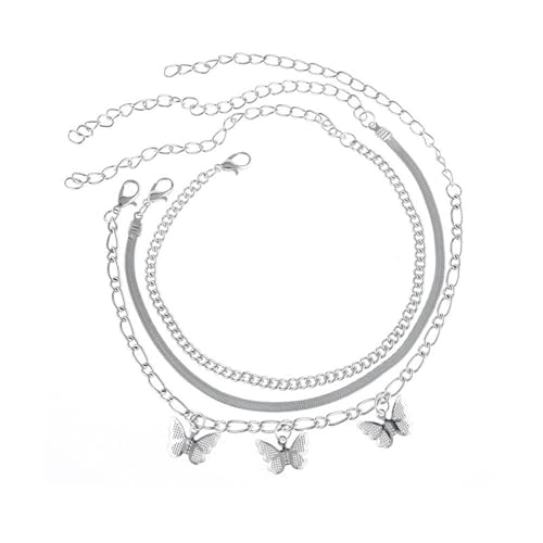 Homxi Strand Fußketten Silber Frauen, Fussketten Damen Legierung 3 Stücke Set Mehrlagige Kette mit Schmetterling - 21.5cm + 10cm Verlängerungskette von Homxi