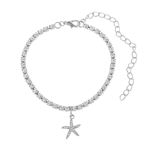 Homxi Strand Fußketten Silber für Damen, Frauen Fuß Kette Kupfer Seestern mit Zirkonia - 25.5cm + 10cm Verlängerungskette von Homxi