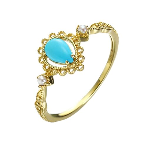 Homxi Trauringe 375 Gelbgold Ring Damen, Wassertropfen mit Türkis und Perlen, Eheringe Verlobung Damen Ring Gold Gr. 53 (16.9) von Homxi