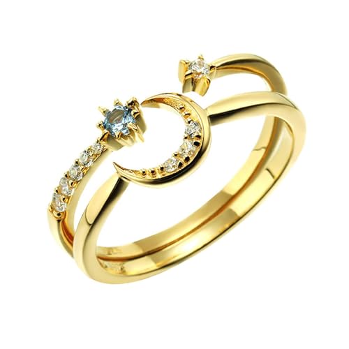 Homxi Trauringe Damen Ring 585 Gold, Mond und Stern mit Kreierter Topas und Moissanit, Damenring Verlobung Gold Größe 61 (19.4) von Homxi