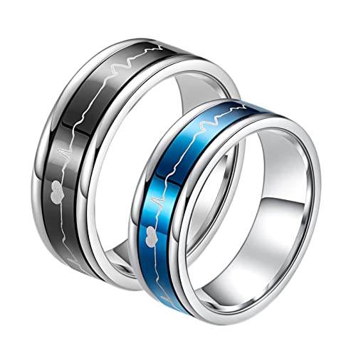 Homxi Verlobungsring Gravur,Trauringe Paar Edelstahl 7MM Silber Schwarz Blau Ring mit Herzschlag Ehering Paar Damen 60 (19.1) + Herren 62 (19.7) von Homxi