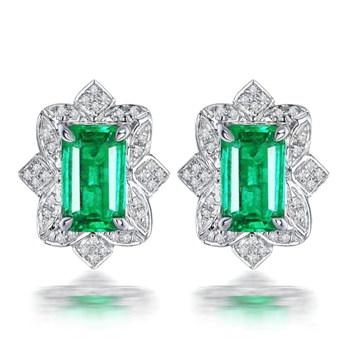 Homxi Weißgold Ohrringe Hochzeit 375 für Damen, Blume und Rechteck mit Smaragd 1,5 Karat und Diamant, Schmuck Frauen Silber Grün Ohrringe von Homxi