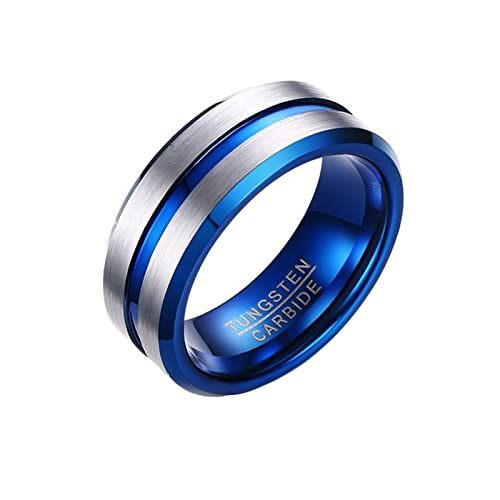 Homxi Wolfram Ringe Herren mit Gravur,Rund mit Linie 8MM Fingerringe Herren Blau Silber Herrenring Größe 54 (17.2) von Homxi