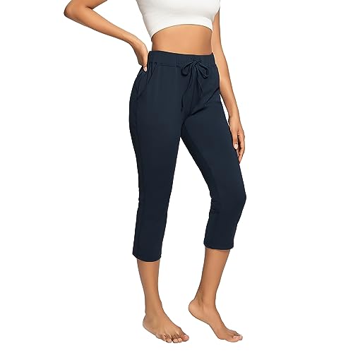 HomyComy Damen Jogginghose 3/4 Sporthose Trainingshose Capri Freizeit Hose mit Tasche Blau L von HomyComy