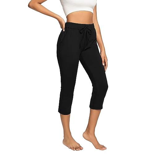 HomyComy Damen Jogginghose 3/4 Sporthose Trainingshose Capri Freizeit Hose mit Tasche Schwarz L von HomyComy