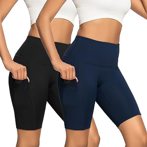 HomyComy Damen Kurze Leggings Shorts mit Taschen für Frauen Hohe Taille Yogahose Workout Leggings Schwarz/Blau M von HomyComy