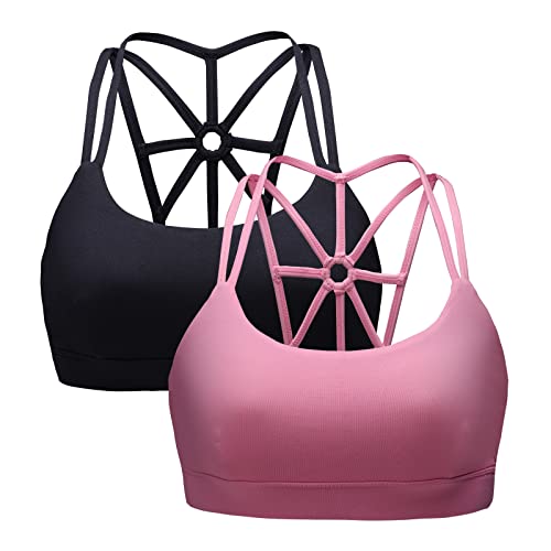 HomyComy Damen Sport BH Gepolstert Crossback Yoga Sports Bra Spaghettiträger Rücken Verkreuzt Bustier Ohne Bügel Atmungsaktiv BH mit Abnehmbaren Cups Schwarz/Rosa L von HomyComy