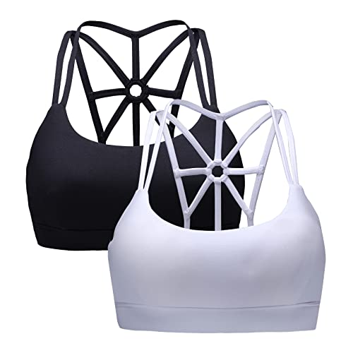 HomyComy Damen Sport BH Gepolstert Crossback Yoga Sports Bra Spaghettiträger Rücken Verkreuzt Bustier Ohne Bügel Atmungsaktiv BH mit Abnehmbaren Cups Schwarz/Weiß L von HomyComy