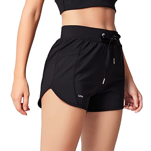 HomyComy Damen Sporthose Kurz Laufhose High Waist Sport Shorts Atmungsaktiv Fitness Kurze Hose Running Yoga Jogging Beiläufige Elastisch Schnelltrocknende Shorts Schwarz L von HomyComy