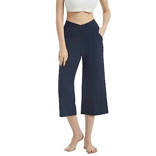 HomyComy Damen Yogahose mit Taschen Sommer Caprihose Weites Bein Bequeme 3/4 Sporthose Fitness Arbeit Sporthose Blau XXL von HomyComy