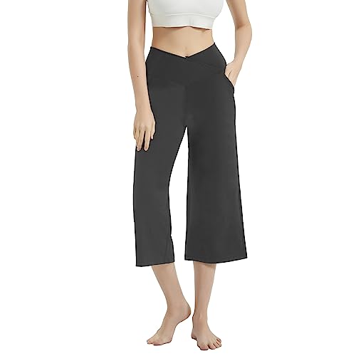 HomyComy Damen Yogahose mit Taschen Sommer Caprihose Weites Bein Bequeme 3/4 Sporthose Fitness Arbeit Sporthose Grau M von HomyComy