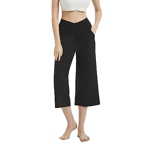 HomyComy Damen Yogahose mit Taschen Sommer Caprihose Weites Bein Bequeme 3/4 Sporthose Fitness Arbeit Sporthose von HomyComy