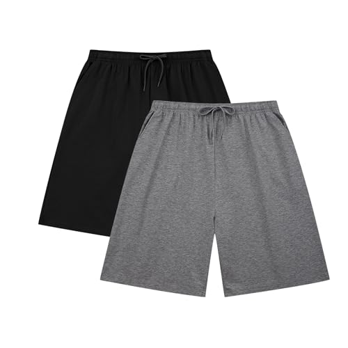 HomyComy Herren 2er-Pack Schlafshorts Gestrickte Schlafanzughose Pyjamahose kurz Baumwolle Lounge-Hose Nachthose Freizeithose mit Taschen von HomyComy