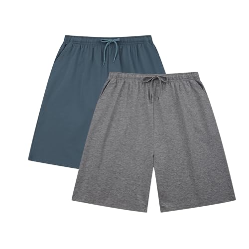HomyComy Herren 2er-Pack Schlafshorts Gestrickte Schlafanzughose Pyjamahose kurz Baumwolle Lounge-Hose Nachthose Freizeithose mit Taschen von HomyComy