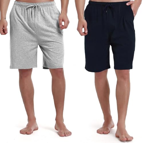 HomyComy Herren 2er-Pack Schlafshorts Gestrickte Schlafanzughose Pyjamahose kurz Baumwolle Lounge-Hose Nachthose Freizeithose mit Taschen von HomyComy