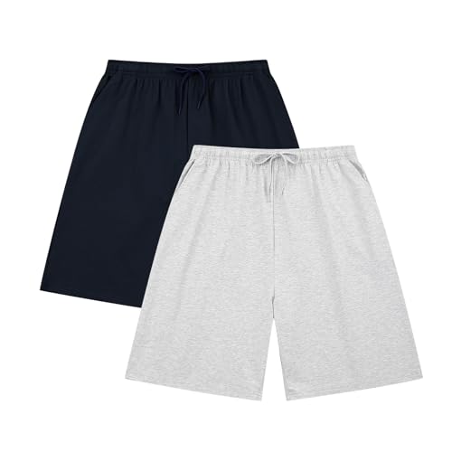 HomyComy Herren 2er-Pack Schlafshorts Gestrickte Schlafanzughose Pyjamahose kurz Baumwolle Lounge-Hose Nachthose Freizeithose mit Taschen von HomyComy