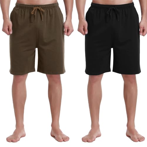 HomyComy Herren 2er-Pack Schlafshorts Gestrickte Schlafanzughose Pyjamahose kurz Baumwolle Lounge-Hose Nachthose Freizeithose mit Taschen von HomyComy