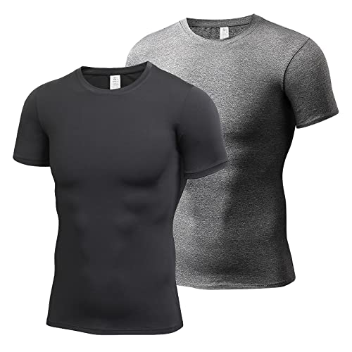 HomyComy Kompressionsshirt Herren Kurzarm Gym Shirt Funktionsshirt Muscle Bodybuilding Shirt Schwarz/Grau XL von HomyComy